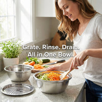 Three-piece set: grating disc, colander, and solid bowl